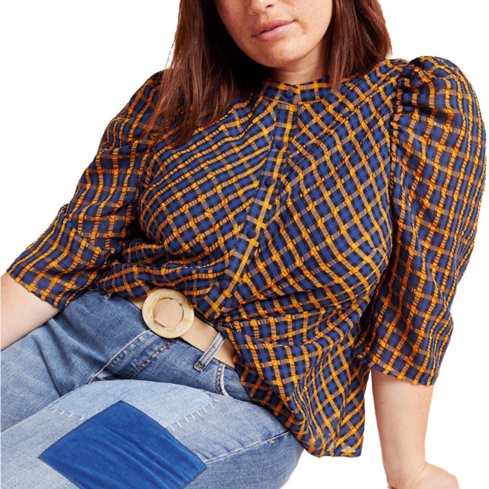 Anthropologie Eva Franco Textured Plaid Blouse Size 6 - Picture 7 of 12